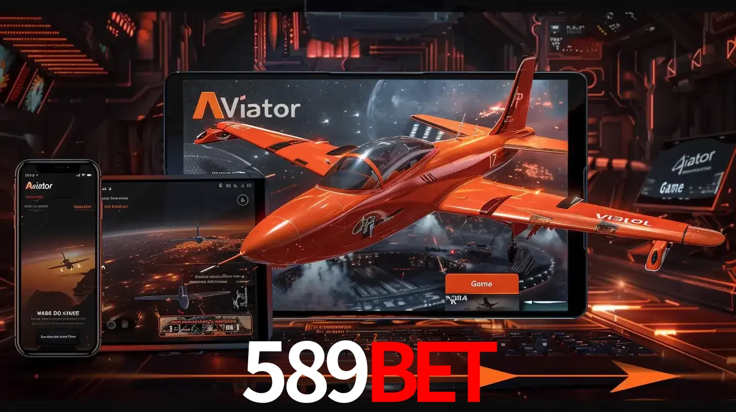 Apresentação tecnológica do jogo Aviator com um avião saindo da tela de um tablet, demonstrando a experiência imersiva em múltiplos dispositivos no 589BET.
