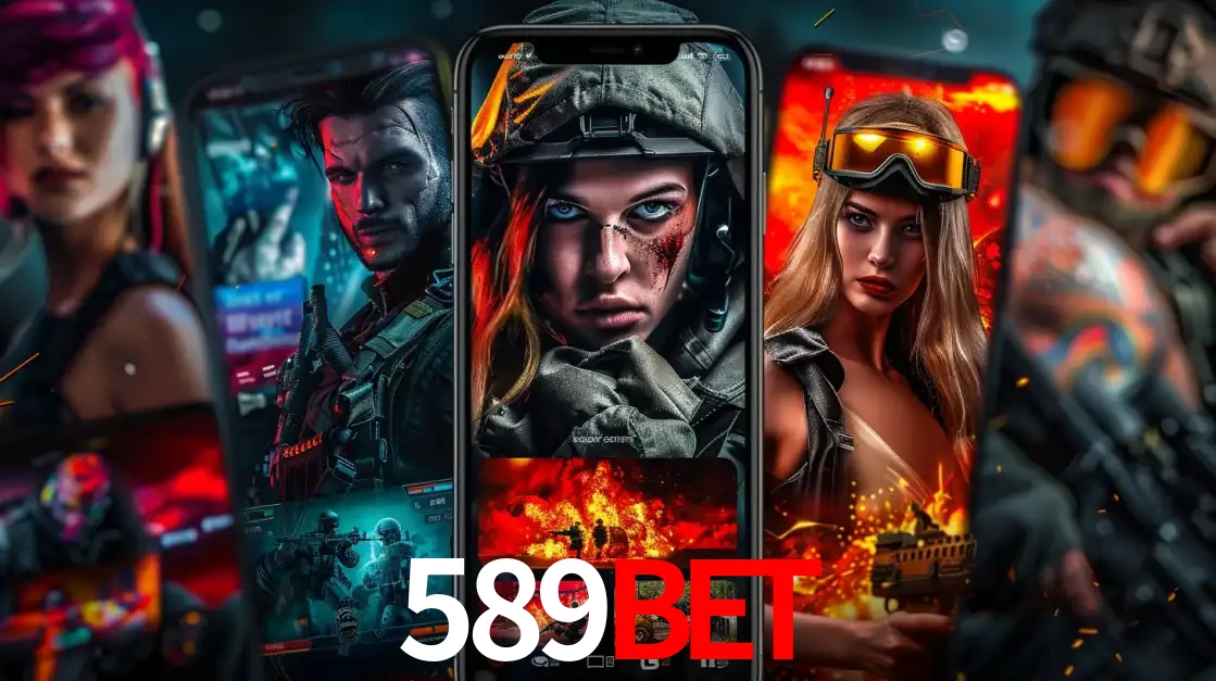 Montagem de telas de celular mostrando diversos personagens, masculinos e femininos, de um jogo de tiro, ilustrando a diversidade de equipes de e-sports para apostar no 589BET.