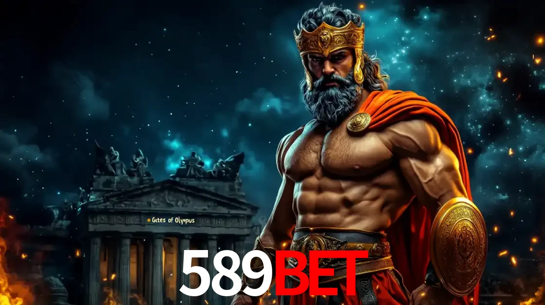 O poderoso Zeus do jogo de slot Gates of Olympus em frente ao seu templo, pronto para lançar multiplicadores divinos e prêmios épicos no cassino online 589BET.
