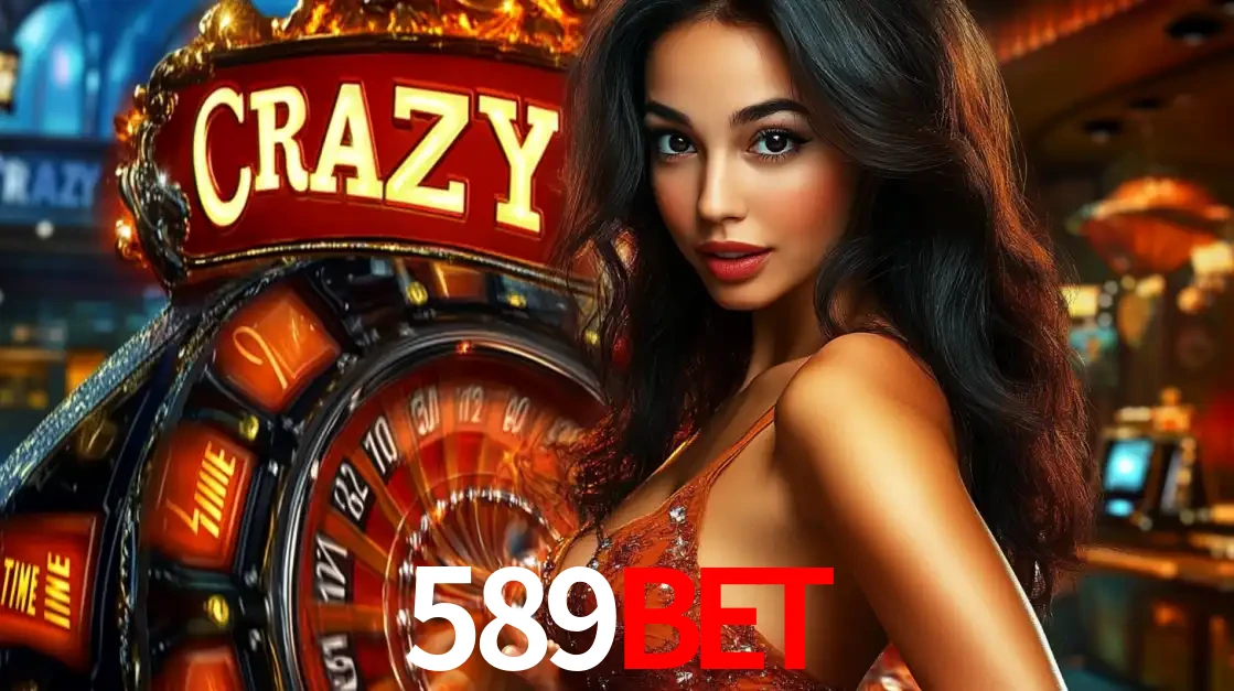 Mulher glamourosa olhando para a câmera com a roda vermelha do Crazy Time ao fundo em um ambiente de cassino, destacando a emoção dos jogos ao vivo no 589BET.