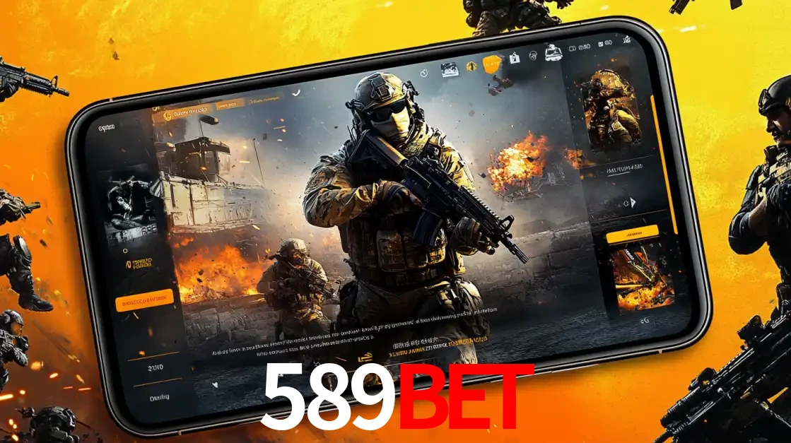 Um smartphone exibindo a interface de um jogo de tiro em primeira pessoa, com um soldado em um cenário de batalha, representando a ação dos e-sports para apostar no 589BET.