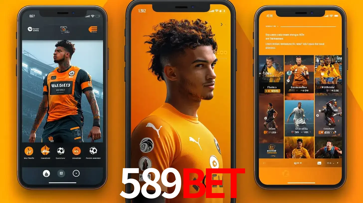Interface do aplicativo de apostas esportivas 589BET em três telas de celular, mostrando o perfil de um jogador de futebol e a lista de jogos disponíveis para apostar.
