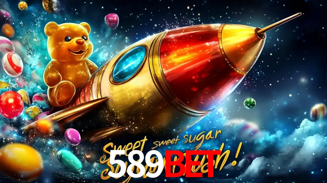 Arte promocional do jogo de slot Sugar Rush, com um urso de pelúcia em um foguete viajando pelo espaço de doces, um dos jogos divertidos disponíveis no cassino 589BET.
